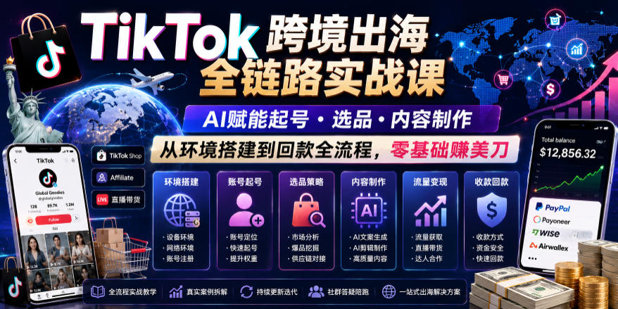 TikTok跨境出海全链路实战课,AI赋能起号・选品・内容制作,从环境搭建到回款全流程,零基础賺美刀-智云网