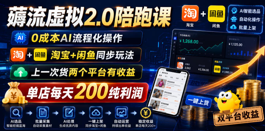 薅流虚拟2.0陪跑课,0成本AI流程化操作,淘宝+闲鱼同步玩法,上一次货两个平台有收益,单店每天200纯利润-智云网