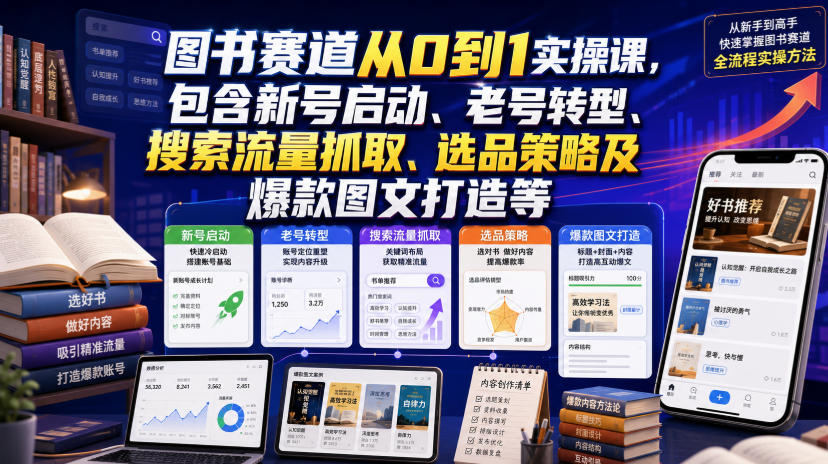 图书赛道从0到1实操课，包含新号启动、老号转型、搜索流量抓取、选品策略及爆款图文打造等-智云网