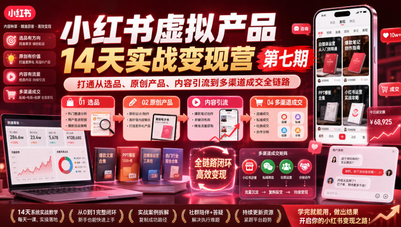 小红书虚拟产品14天实战变现营第七期，打通从选品、原创产品、内容引流到多渠道成交全链路-智云网