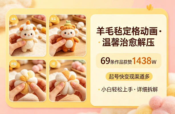 羊毛毡定格动画，温馨治愈解压，69条作品获赞1438W，起号快变现渠道多，小白轻松上手，详细拆解-智云网