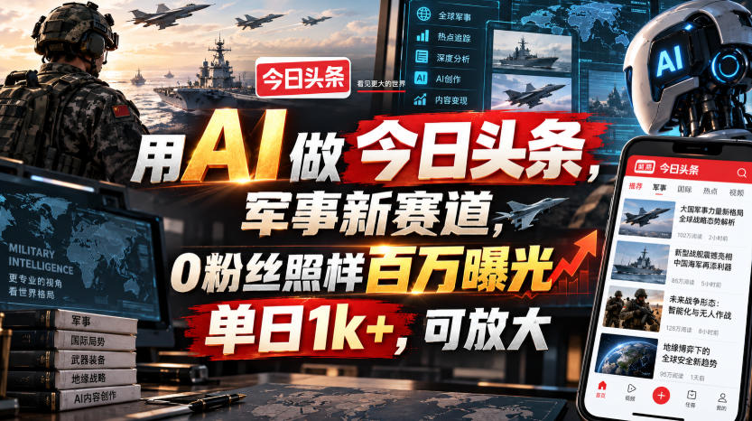 用AI做今日头条,军事新赛道,0粉丝照样百万曝光,单日1k+,可放大-智云网