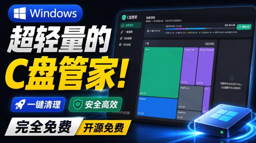 Windows超轻量的C盘管家!超级有特点,支持磁盘分析及清理提醒,2M大小体积,完全免费C盘管家-智云网