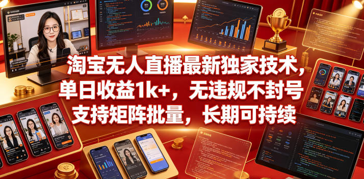 淘宝无人直播最新独家技术,单日收益1k+,无违规不封号,支持矩阵批量,长期可持续【揭秘】 淘宝无人直播最新独家技术,单日收益1k+,无违规不封号,支持矩阵批量,长期可持续【揭秘】
