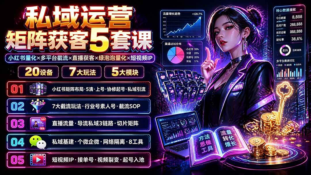 （19617期）私域运营矩阵获客5套课：小红书量化×多平台截流×直播获客×绿泡泡量化×短视频IP×20设备×7大玩法-智云网
