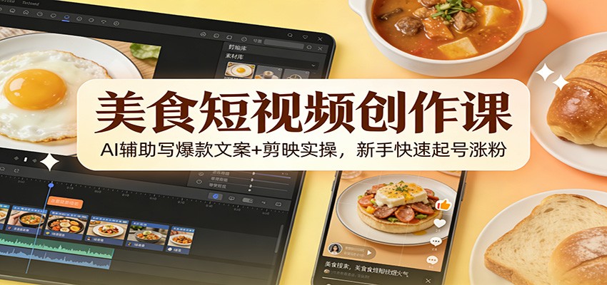 美食短视频创作课：AI辅助写爆款文案+剪映实操，新手快速起号涨粉-智云网