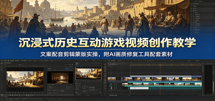 沉浸式历史互动游戏视频创作教学:文案配音剪辑蒙版实操,附AI画质修复工具配套素材-智云网