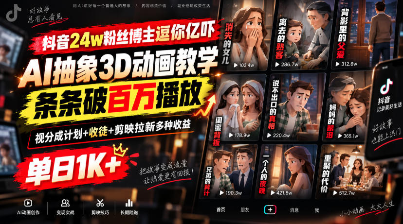 抖音24w粉丝博主逗你亿吓AI抽象3D动画教学，条条破百万播放，分成计划+收徒+剪映拉新多种收益，单日1K+-智云网