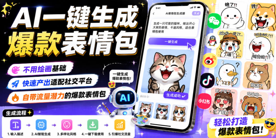 AI一键生成爆款表情包,不用绘画基础,快速产出适配社交平台,自带流量潜力的爆款表情包-智云网