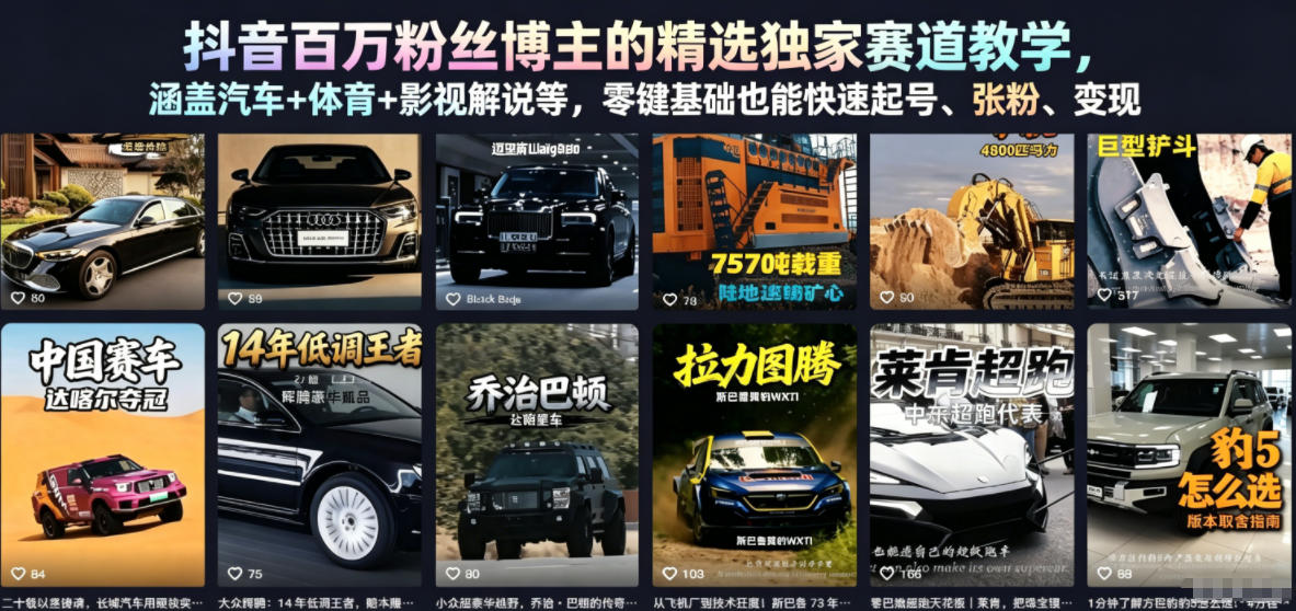 抖音百万粉丝博主的精选独家赛道教学,涵盖汽车+体育+影视解说等,零基础也能快速起号、涨粉、变现-智云网