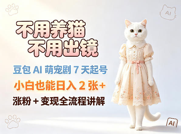 不用养猫不用出镜,豆包AI萌宠剧7天起号,小白也能日入2张+,涨粉+变现全流程讲解-智云网