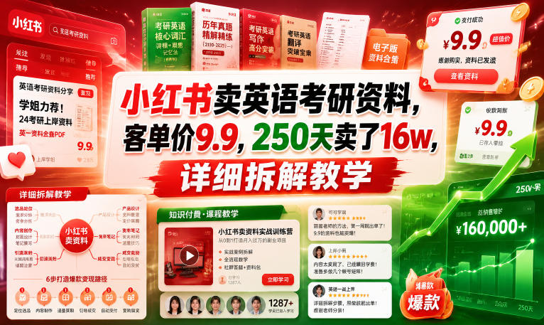 小红书卖英语考研资料,客单价9.9,250天卖了16w,详细拆解教学-智云网