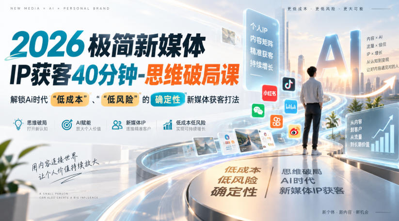2026极简新媒体IP获客40分钟-思维破局课,解锁Ai时代“低成本”、“低风险”的确定性新媒体获客打法-智云网
