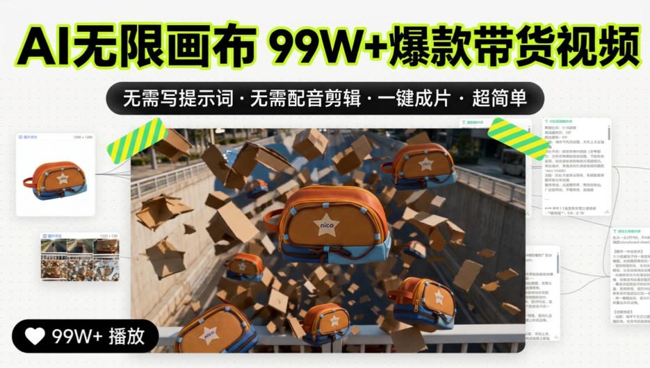 AI无限画布99W+爆款带货视频，无需写提示词·无需配音剪辑·一键成片·超简单-智云网