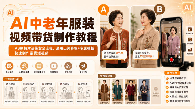 AI中老年服装视频带货制作教程|AB剧情对话带货全流程,通用出片步骤+专属模板,快速制作带货短视频-智云网