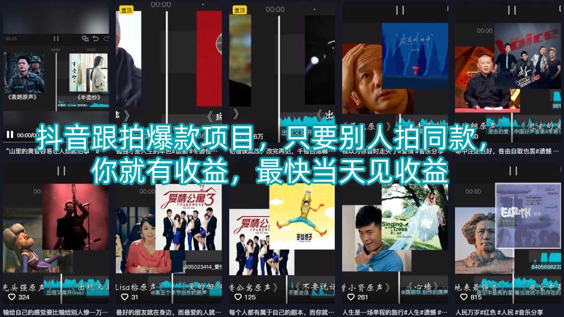 抖音跟拍爆款项目,只要别人拍同款,你就有收益,最快当天见收益 抖音跟拍爆款项目,只要别人拍同款,你就有收益,最快当天见收益