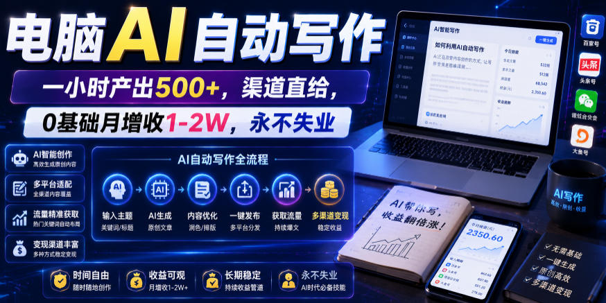 电脑AI自动写作,一小时产出500+,渠道直给,0基础月增收1-2W,永不失业【揭秘】-智云网
