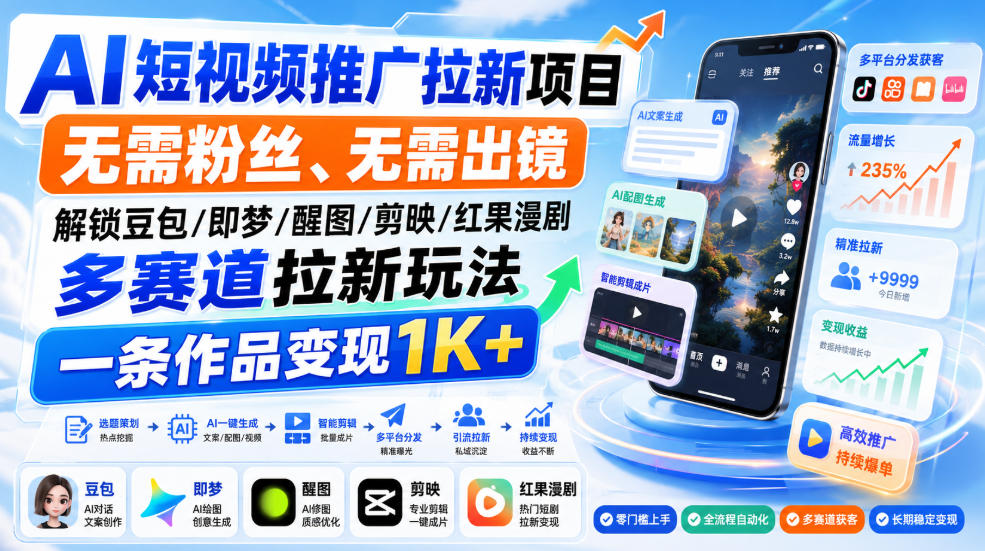 AI短视频推广拉新项目，无需粉丝、无需出镜，解锁豆包/即梦/醒图/剪映/红果漫剧多赛道拉新玩法，一条作品变现1K+-智云网