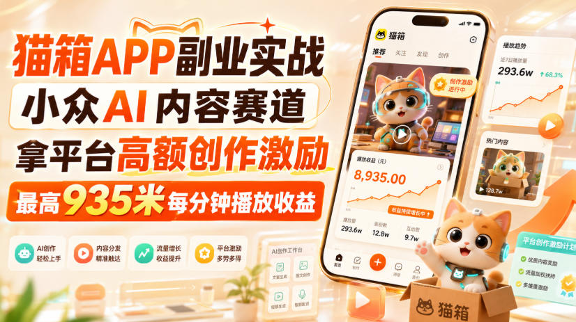 猫箱APP副业实战，小众AI内容赛道，拿平台高额创作激励，最高935米每分钟播放收益-智云网