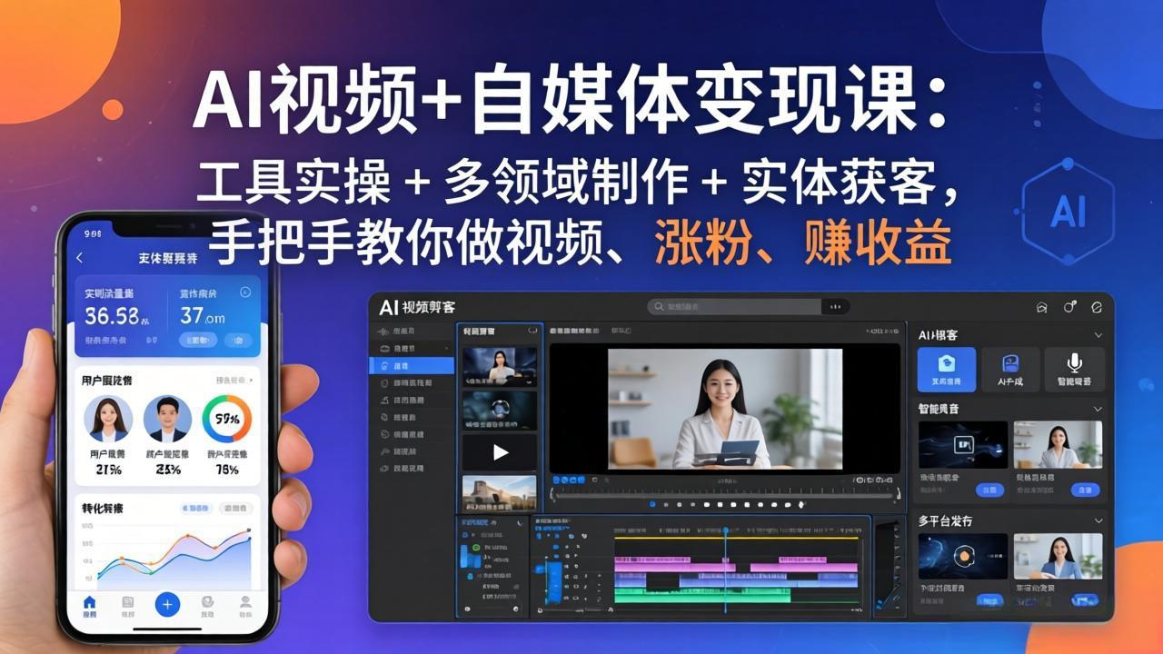 AI视频+自媒体变现课：工具实操 + 多领域制作 + 实体获客，手把手教你做视频、涨粉、赚收益-智云网