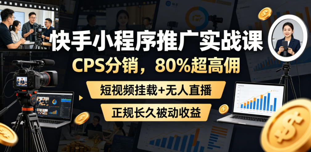 快手小程序推广实战课,CPS分销,80%超高佣,短视频挂载+无人直播,正规长久被动收益-智云网