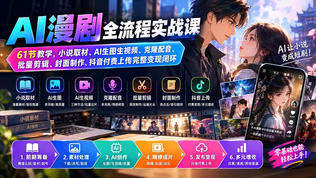 (20199期)AI漫剧全流程实战课|61节教学,小说取材、AI生图生视频、克隆配音、批量剪辑、封面制作、抖音付费上传完整变现闭环-智云网