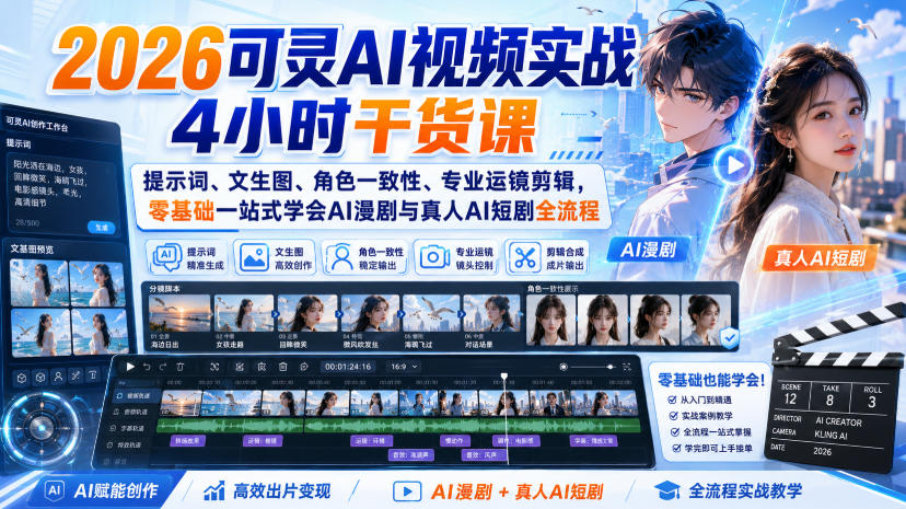 2026可灵AI视频实战4小时干货课｜提示词、文生图、角色一致性、专业运镜剪辑，零基础一站式学会AI漫剧与真人AI短剧全流程-智云网