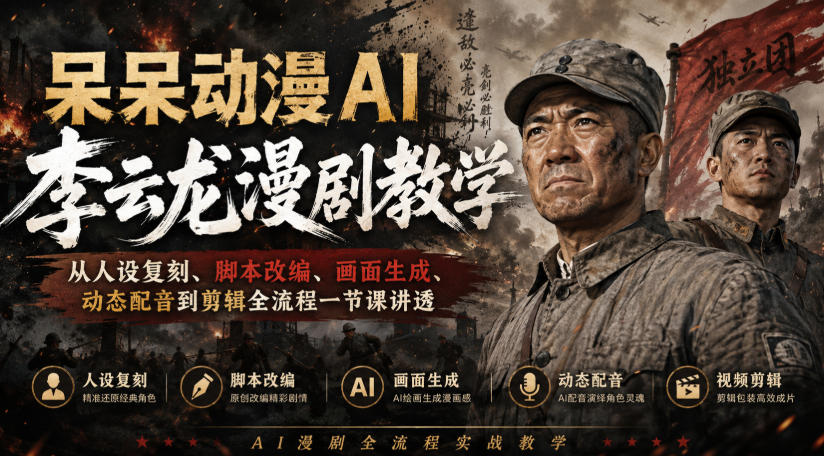 呆呆动漫AI李云龙漫剧教学，从人设复刻、脚本改编、画面生成、动态配音到剪辑全流程一节课讲透-智云网