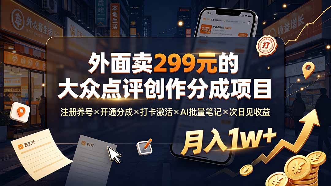 (19488期)外面卖299元的大众点评创作分成项目:注册养号×开通分成×打卡激活×AI批量笔记×次日见收益,月入1w+-智云网