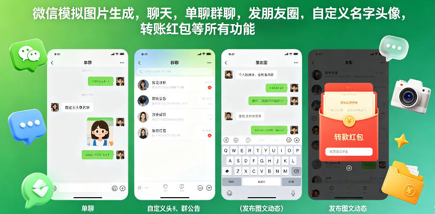 微信模拟图片生成,聊天,单聊群聊,发朋友圈,自定义名字头像,转账红包等所有功能都可以生成-智云网