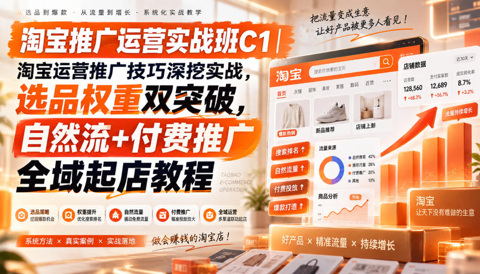 淘宝推广运营实战班C1｜淘宝运营推广技巧深挖实战，选品权重双突破，自然流+付费推广全域起店教程-智云网