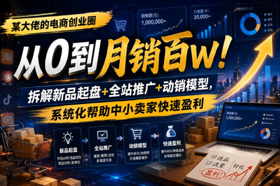 某大佬的电商创业圈从0到月销百W!拆解新品起盘+全站推广+动销模型,系统化帮助中小卖家快速盈利-智云网