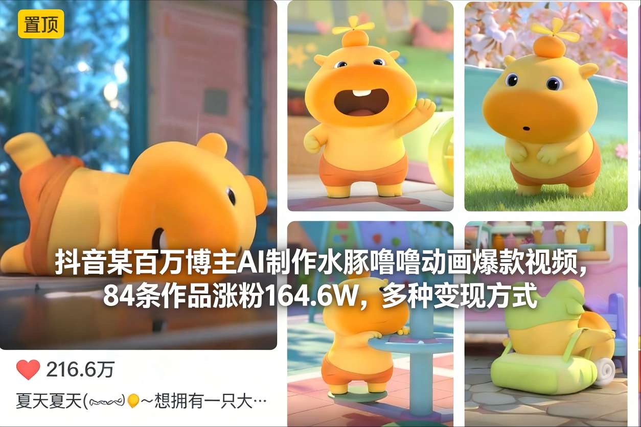 抖音某百万博主AI制作水豚噜噜动画爆款视频,84条作品涨粉164.6W,多种变现方式-智云网