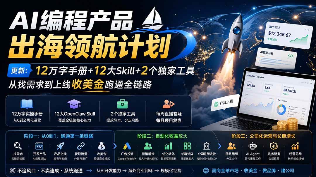 （20099期）AI编程产品出海领航计划-更新：12万字手册+12大Skill+2个独家工具，从找需求到上线收美金跑通全链路-智云网