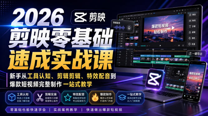 2026剪映零基础速成实战课｜新手从工具认知、剪辑剪辑、特效配音到爆款短视频完整制作一站式教学-智云网