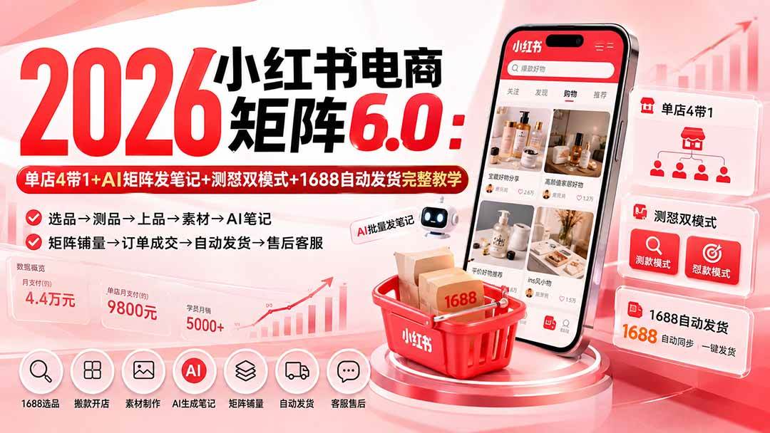 (20310期)2026小红书电商矩阵6.0:单店4带1+AI矩阵发笔记+测怼双模式+1688自动发货完整教学-智云网
