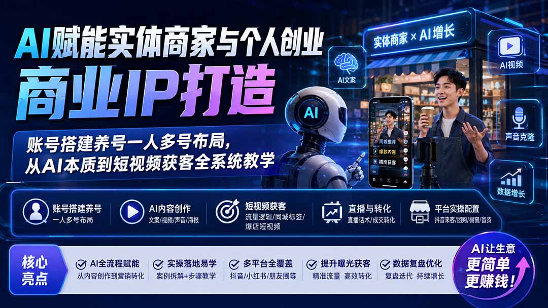 AI赋能实体商家与个人创业商业IP打造；账号搭建养号一人多号布局，从AI本质到短视频获客全系统教学-智云网