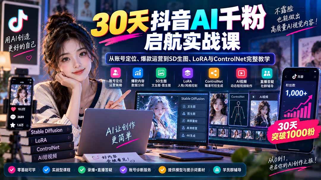 （20291期）30天抖音AI千粉启航实战课：从账号定位、爆款运营到SD生图、LoRA与ControlNet完整教学-智云网