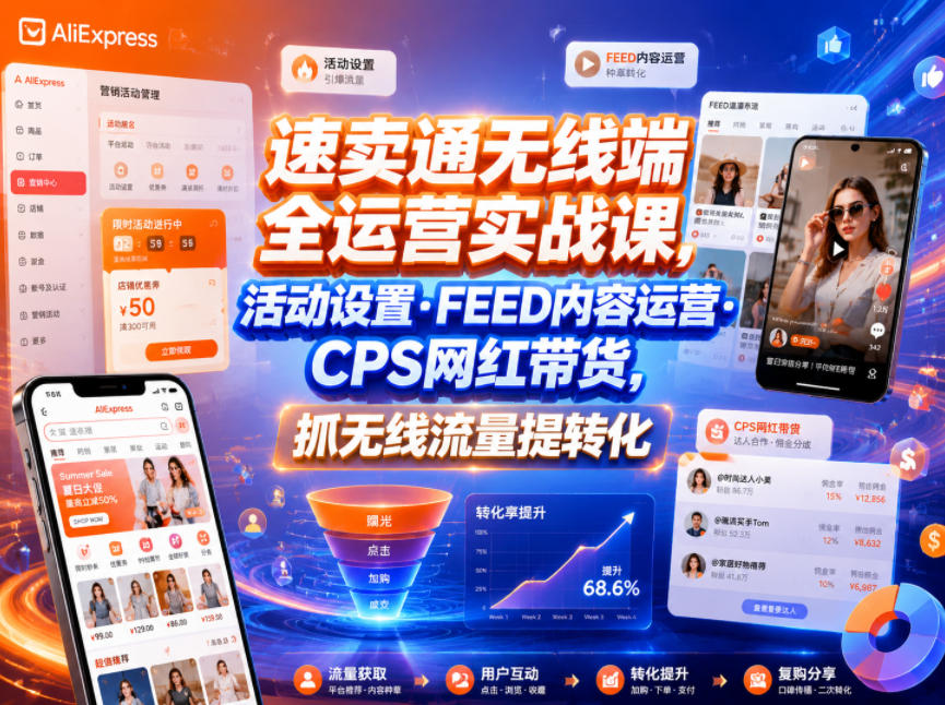 速卖通无线端全运营实战课,活动设置・FEED内容运营・CPS网红带货,抓无线流量提转化-智云网