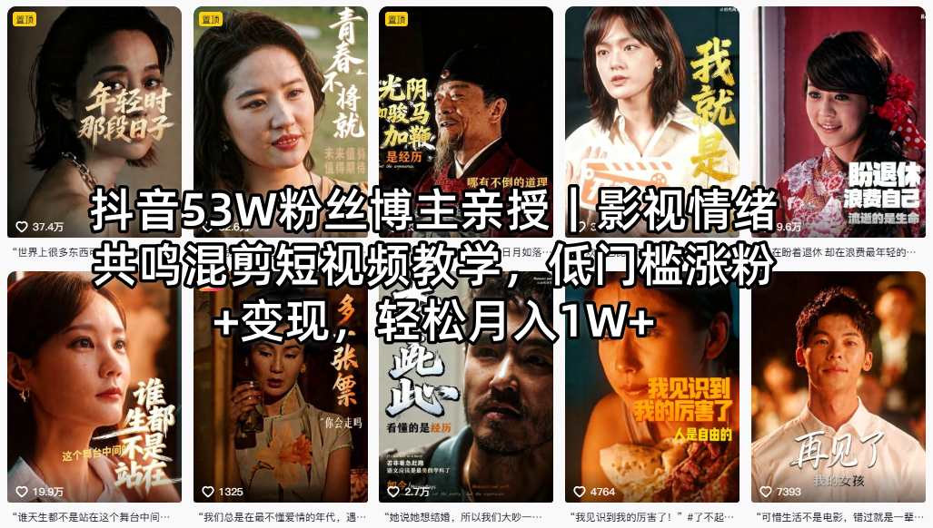 抖音53W粉丝博主亲授|影视情绪共鸣混剪短视频教学,低门槛涨粉+变现,轻松月入1W+-智云网